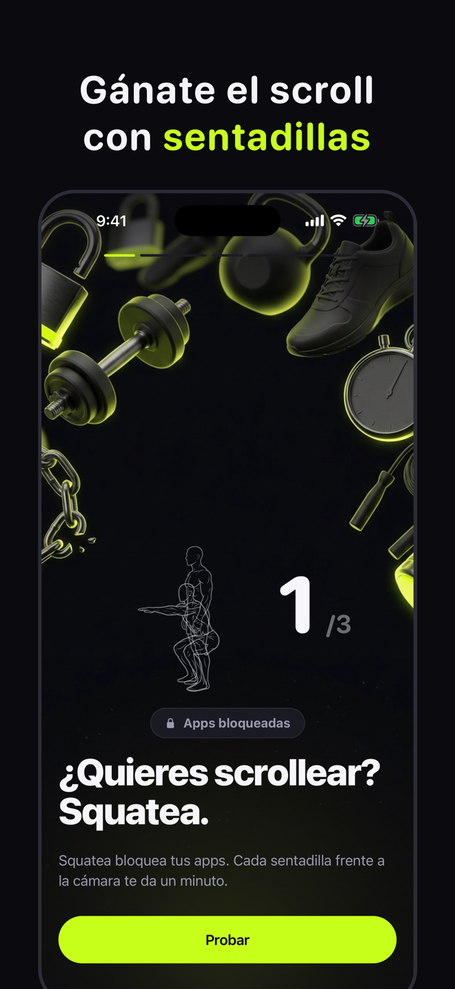 Squatea welcome screen: earn your scroll with squats