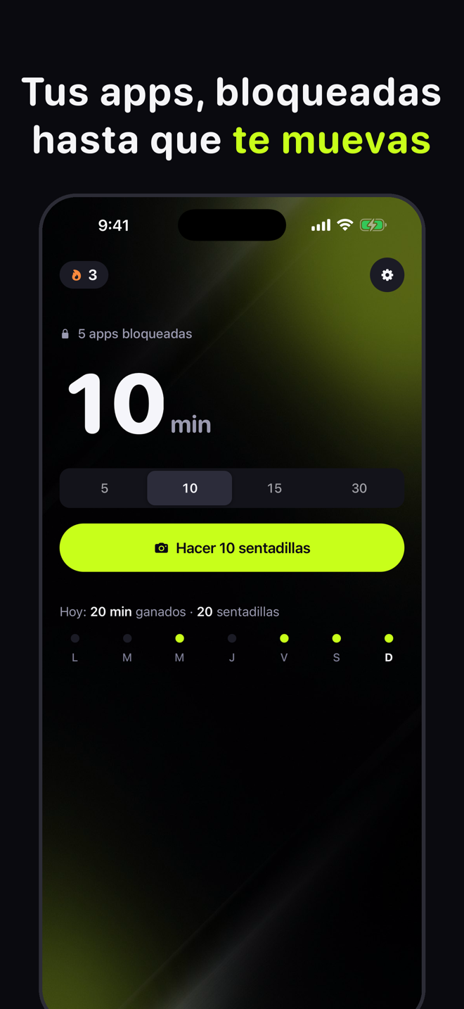 Main screen: your apps stay blocked until you move, with a 5, 10, 15, or 30 minute picker